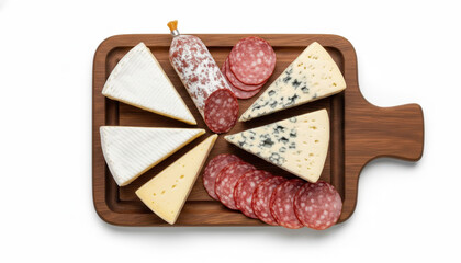 Gourmet wooden charcuterie board with a delicious assortment of cheese and sliced salami appetizer. This traditional meat and dairy food platter is a perfect snack.