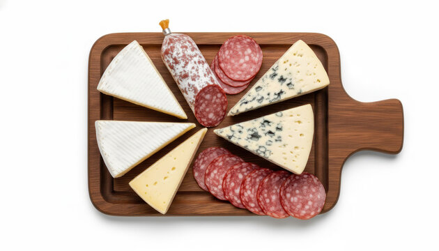Gourmet wooden charcuterie board with a delicious assortment of cheese and sliced salami appetizer. This traditional meat and dairy food platter is a perfect snack. - Powered by Adobe