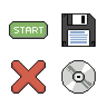 Pixel art icons representing start button, floppy disk, cross and compact disc