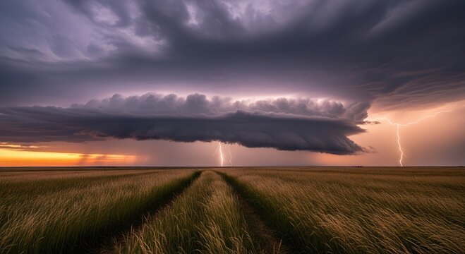 Field of grass under a stormy sky with lightning strikes in the distance - Powered by Adobe