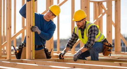 Two construction workers measuring the wooden frame of a new house build, showcasing teamwork and precision in residential building