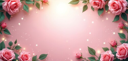 Pink roses and green leaves form a decorative floral frame. A romantic border with glowing lights on a gentle background. Elegant design for wedding or mothers day.