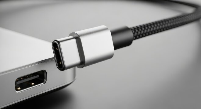Close up of a usb type c cable plugged into a laptop port on a gray surface