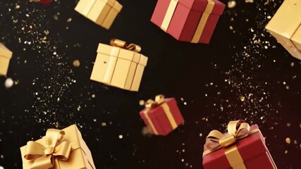 Floating gifts with gold ribbon on a dark background with small gold particles scattered around them christmas and happy new year background - Powered by Adobe