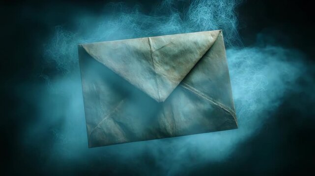 Mysterious Aged Envelope Floating Amidst Ethereal Blue Smoke with Dramatic Lighting and Dark Background