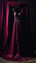 A mysterious, elegant dress hangs on a dark velvet stand, draped in shadows, hinting at secrets and untold stories Perfect for gothic, fantasy, or thriller themes , hanging, fashion
