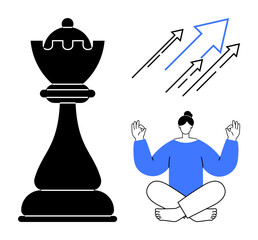 Chess rook symbolizing strategy, meditating figure for mindfulness, upward arrows for growth. Ideal for leadership, balance, goal-setting, mental focus, success, personal growth simple flat metaphor