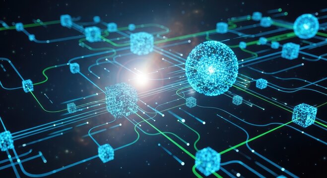 Blue network with cubes and spheres connected by lines in dark space