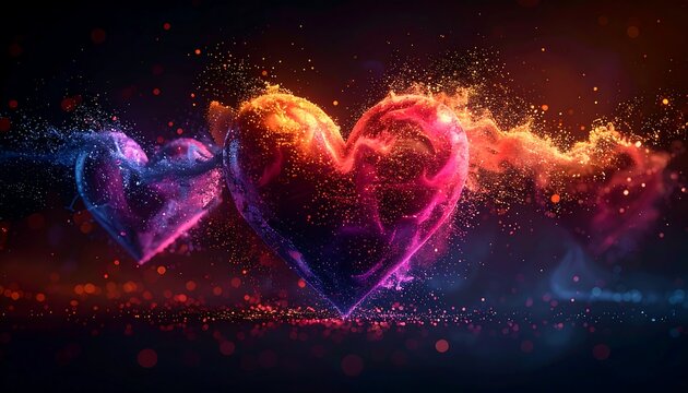Two glowing, digital hearts intertwined with swirling particle effects on a dark, bokeh-lit background