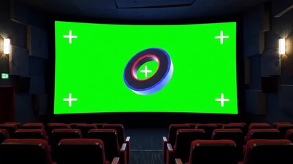 Empty movie theater with a large green screen and tracking markers ideal for custom content display offering a perfect backdrop for cinematic presentations and virtual reality experiences.