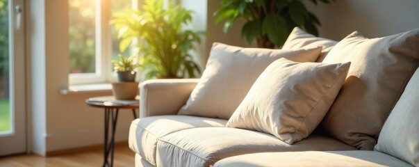A plush, oversized cushion rests on a comfortable sofa in a sun-drenched living room, offering a cozy and inviting atmosphere for relaxation Perfect for home decor and comfort , pillow, home decor