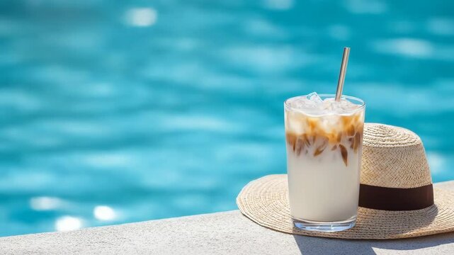 Refreshing iced coffee with straw hat beside sparkling blue water