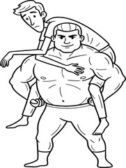 Muscular Man Carrying Skinny Man Piggyback Line Art Vector