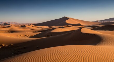 Vast desert landscape with sand dunes under a clear blue sky at sunset