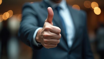 Man in suit gives thumbs up gesture. Professional indicates agreement and approval. Confident businessman shows positive feedback. Business success achieved. Good job acknowledged.