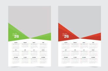 Clean 2026 Calendar Template Red and Green Color Tone Creative Shapes Monthly Planner with Days New Year Planner 12 Month Format Minimal Professional Design for Business and Office Use