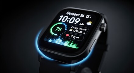 Close up of a smartwatch displaying health metrics and time october 26