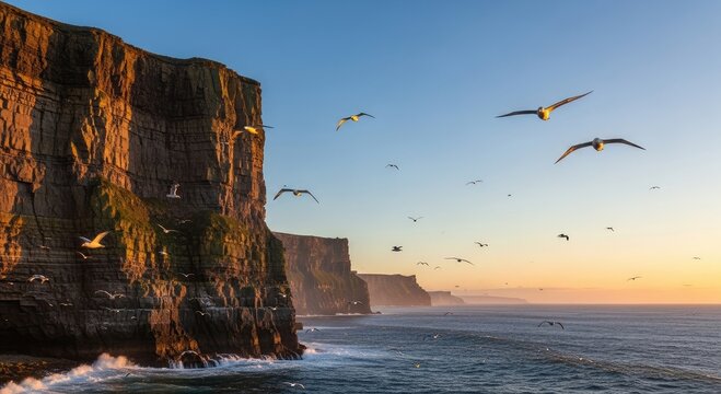 Cliffs of moher with seagulls flying over the ocean at sunset time - Powered by Adobe