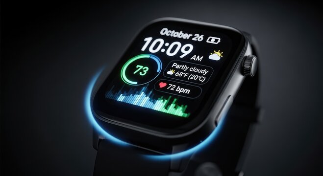 Close up of a smartwatch displaying health metrics and time october 26