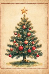 A vintage, high-quality illustration resembling a 1950s Christmas card, featuring a classic, decorated green Christmas tree with red ornaments and a gold star, 