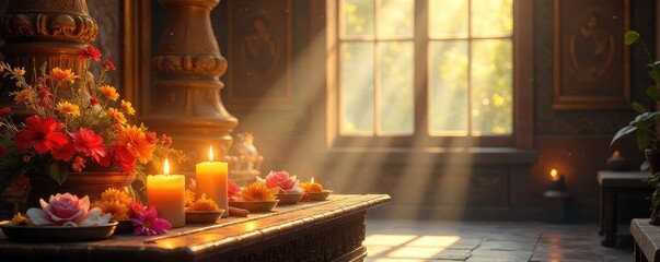 A serene scene depicting a sunlit altar adorned with flowers, candles, and incense, evoking a sense of peaceful devotion and spiritual connection , faith, reverence