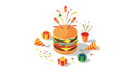 Festive burger celebration with fireworks, party hats, and colorful gifts