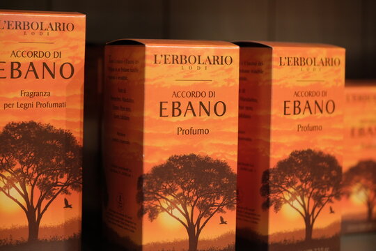 Milan,Italy-Sep.29th 2025: L'Erbolario Accordo di Ebano fragrance product boxes in store