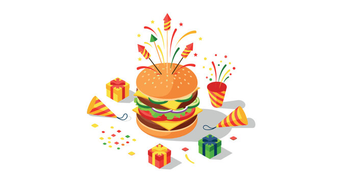 Festive burger celebration with fireworks, party hats, and colorful gifts