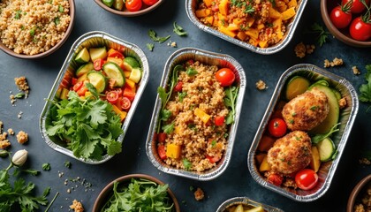Healthy fresh food packaged in aluminum containers for meal delivery service. Varied ready to eat dishes include grains, vegetables, chicken meals. Delicious balanced diet options prepared for