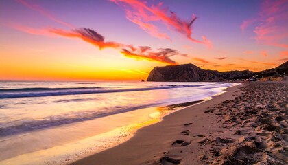 Scenic view of sandy beach with gentle waves under vivid sunset sky, silhouetted rocky formation in the distance