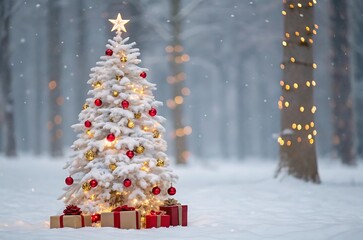 Sparkling white christmas tree, gifts, snow, festive wonderland