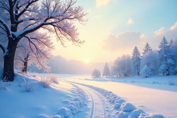 A serene winter landscape, blanketed in snow, hushed under the quiet stillness of a January morning The air hangs heavy with the promise of fresh beginnings , stillness, dawn, trees
