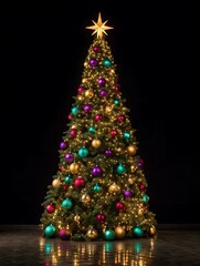 Vibrant christmas tree with glowing lights and festive ornaments.