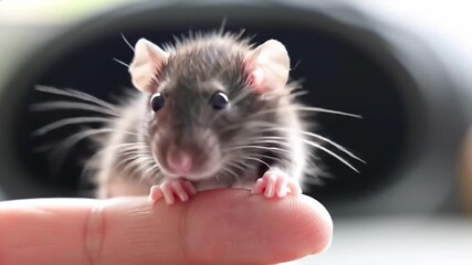 A small gray rat with pink ears perched on a finger with a blurred background