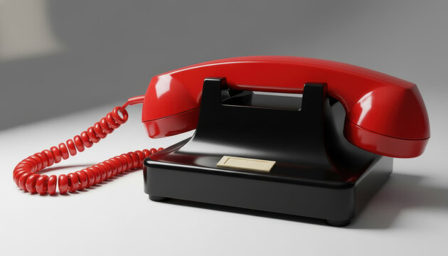 Red vintage rotary telephone with black base and coiled cord, representing retro communication, nostalgia, classic technology, and bold design concept on a gray background.