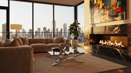 Modern living room with abstract shaped couch centered around cozy fireplace, offering breathtaking cityscape views of urban landscapes, ideal for promoting luxury real estate developments or.