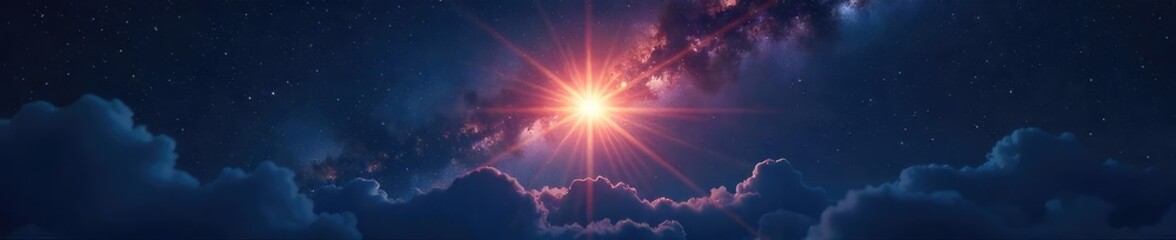 A single, bright star dominates the night sky, radiating light and wonder  Perfect for concepts of hope, dreams, and cosmic beauty ,  majestic,  sky,  night