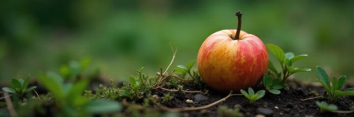 A single, decaying fruit sits alone, isolated amidst overgrown weeds; a stark image of neglect and decay , soil, pest, lonely