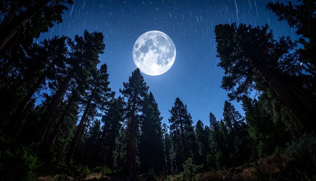 Moon hangs above a forest of tall trees against a dark sky, showing star trails from a long exposure shot