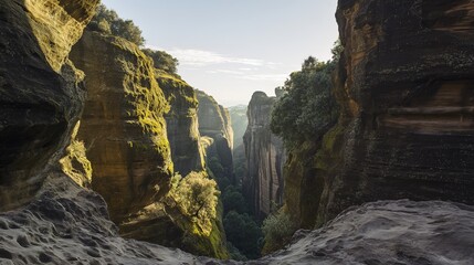 Rocky canyon, sunlit with mossy cliffs and forest, under a clear sky, scenic view, copy space