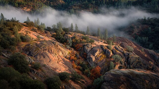 Mountain landscape, misty with rocky terrain and autumn foliage, under a sunlit sky, panoramic view, copy space - Powered by Adobe