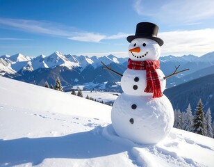 Obraz premium A cheerful snowman stands proudly in a snowy landscape, a red scarf contrasting against white. Mountains fill the background, under a blue sky