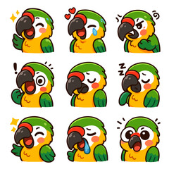 A set of cute anime parrots illustrations doing different activities with different expressions.Stickers or badges. 	Amazon Parrots