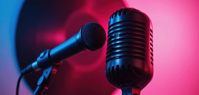 Retro microphone and modern mic stand against vinyl record silhouette. Neon lights create atmosphere for audio broadcast or live performance. Studio setup for podcasting or karaoke.
