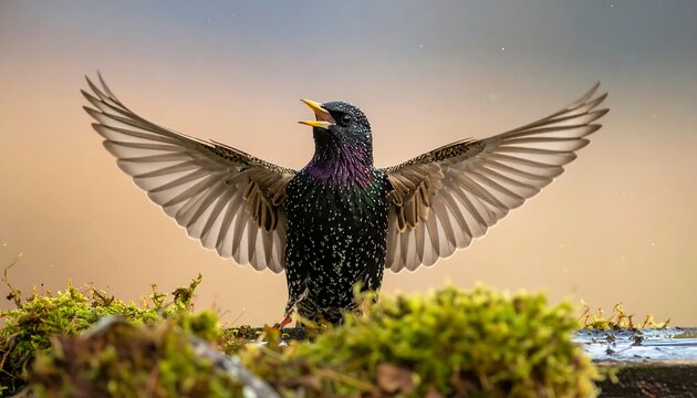 Starling perched on moss with wings spread wide, singing. Feathers show iridescent colors under a soft, warm background