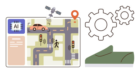 Fototapeta premium AI interface with traffic map, autonomous car, pedestrian, satellite, gears, and shoe. Ideal for technology, AI smart cities automation urban planning navigation innovation. Simple flat metaphor