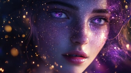 A cosmic beauty with sparkling purple eyes and celestial vibes. The artwork blends fantasy with vibrant colors and stunning details.