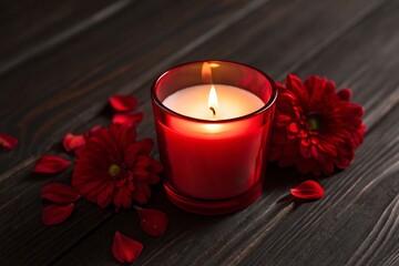Warm glow of red candle, vibrant gerbera flowers on dark wood
