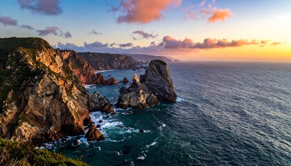 Dramatic cliffs meet the sea as the sun rises, painting the sky with hues of pink, orange and yellow