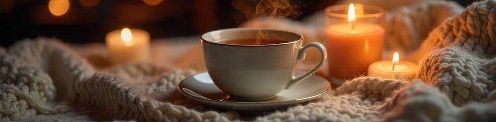 A steaming cup of tea rests on a warm, cozy knit blanket next to a lit candle, creating a relaxing and comforting atmosphere perfect for unwinding , home, candle, wellness